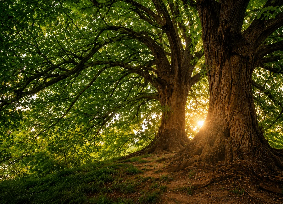 Twee sterke bomen in een rustig, groen landschap